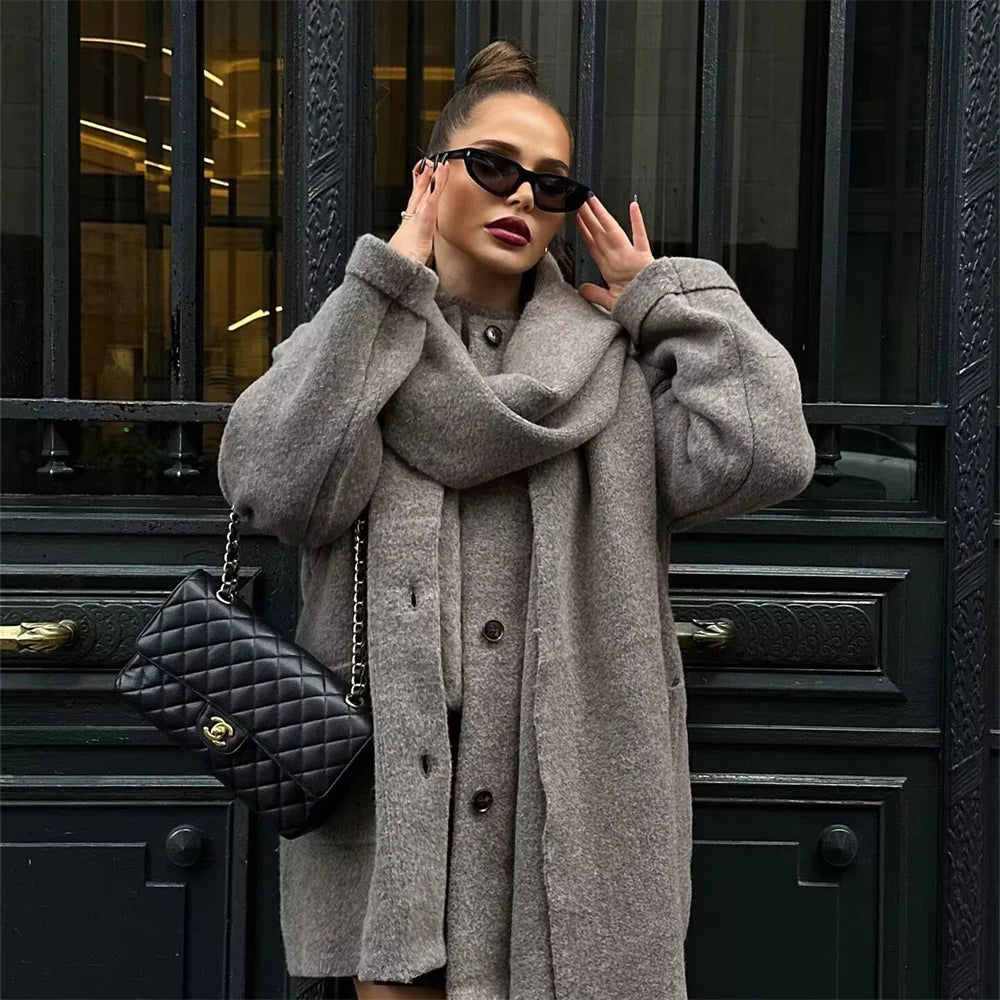 Women's Wear Scarf Loose Versatile Knitted Coat Autumn/Winter New Round Neck Long Sleeve Solid Color Coat