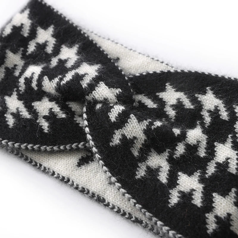 100% Cashmere Headband for Women, Color Block Hair Accessory, Wide Edge Bow Knitted Hair Ornament, Computer Jacquard Headband