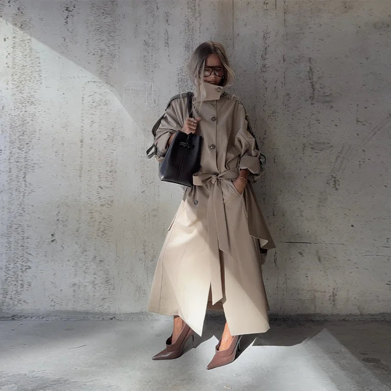 Women's Trench Coat Double Breasted Stand Collar Epaulet Lace Up Long Windbreaker Office Lady Winter Autumn Solid Slim Outerwear