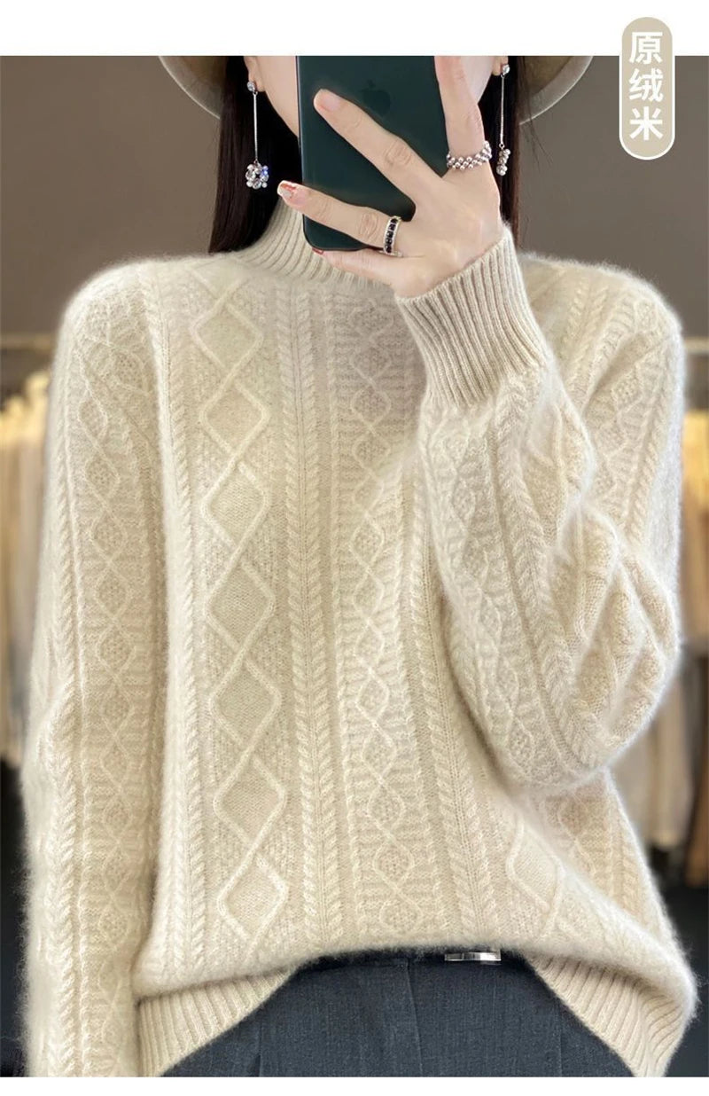 2024 New Women Autumn Winter Sweater Thick 100% Merino Wool Turtleneck Casual Cashmere Knitwaer Pullover Korean Fashion Tops