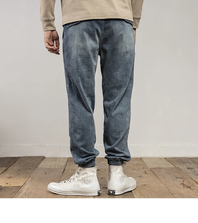 Classic Washed Blue Denim Jeans for Men American Minimalist Loose Tapered Pants Versatile for Outdoor Wear Elastic Waistband