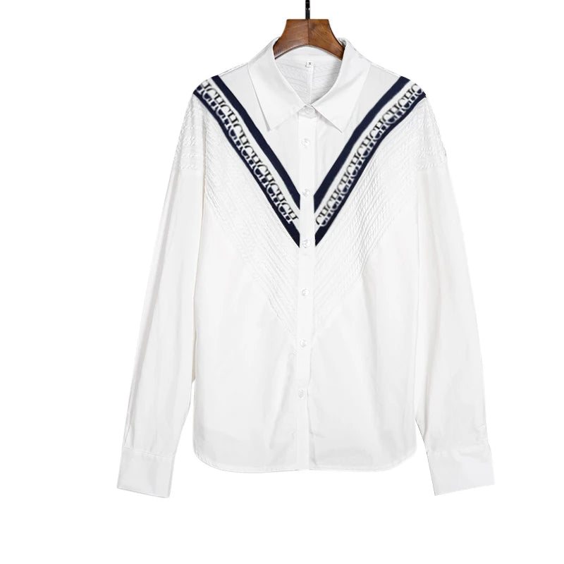 Women's Shirt Casual Fashion Knitted Patchwork Striped Shirt New Solid Color Street Style Single Breasted Office Ladies Shirt