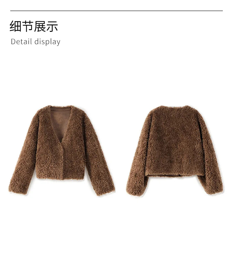 100% Wool Short Jackets for Women 2024 Autumn Winter V Neck Lamb Wool Coat Womens Clothing Fashion Outerwears Casaco Feminino