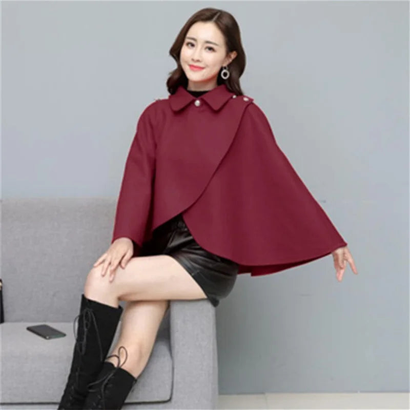 Fashion Woolen Shawl Coat For Women 2025 Autumn Winter New Woolen Jacket Short Outerwear Cape Red Black Coat Tops Female