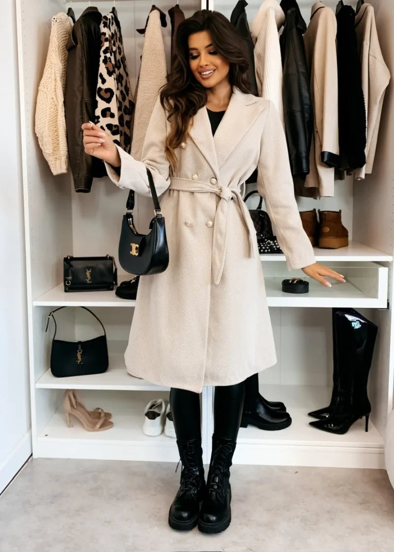 Women's Woolen Coat Autumn Winter Vintage Elegant Double Breasted Trench Coat Women Brown Long Sleeved Midi Windbreaker Jacket