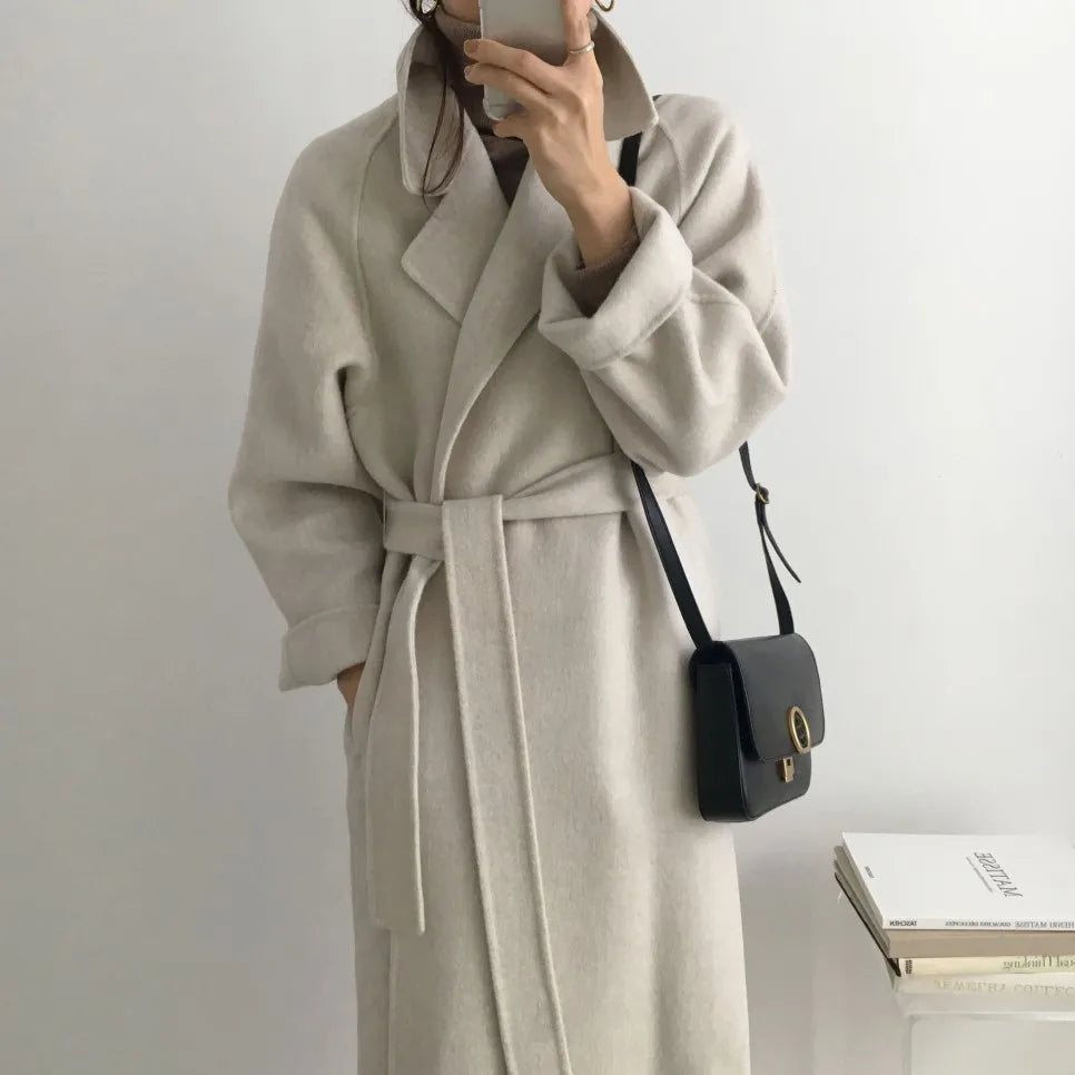 Elegant Woolen Coat Women's 2025 Autumn Winter Mid Length Adjustable Waist Thick Casual Long Sleeve Fashion Wool Coats Female