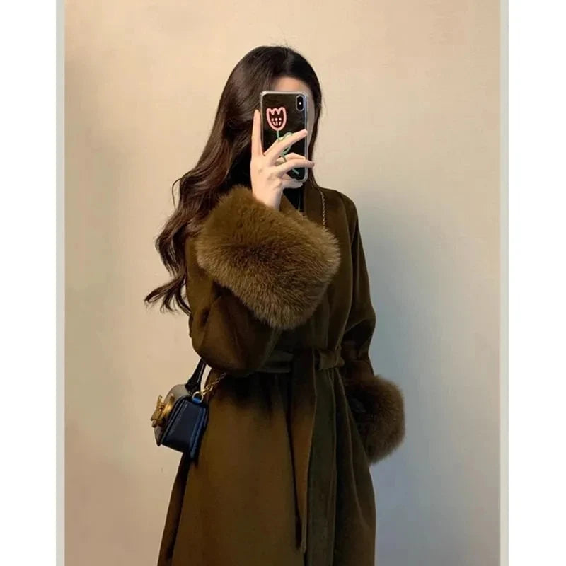 Women Autumn Winter Woolen Coat 2025 New High-End French Style Fur Sleeves Mid-Length Woolen Coat Women Long Coat Loose Outwear