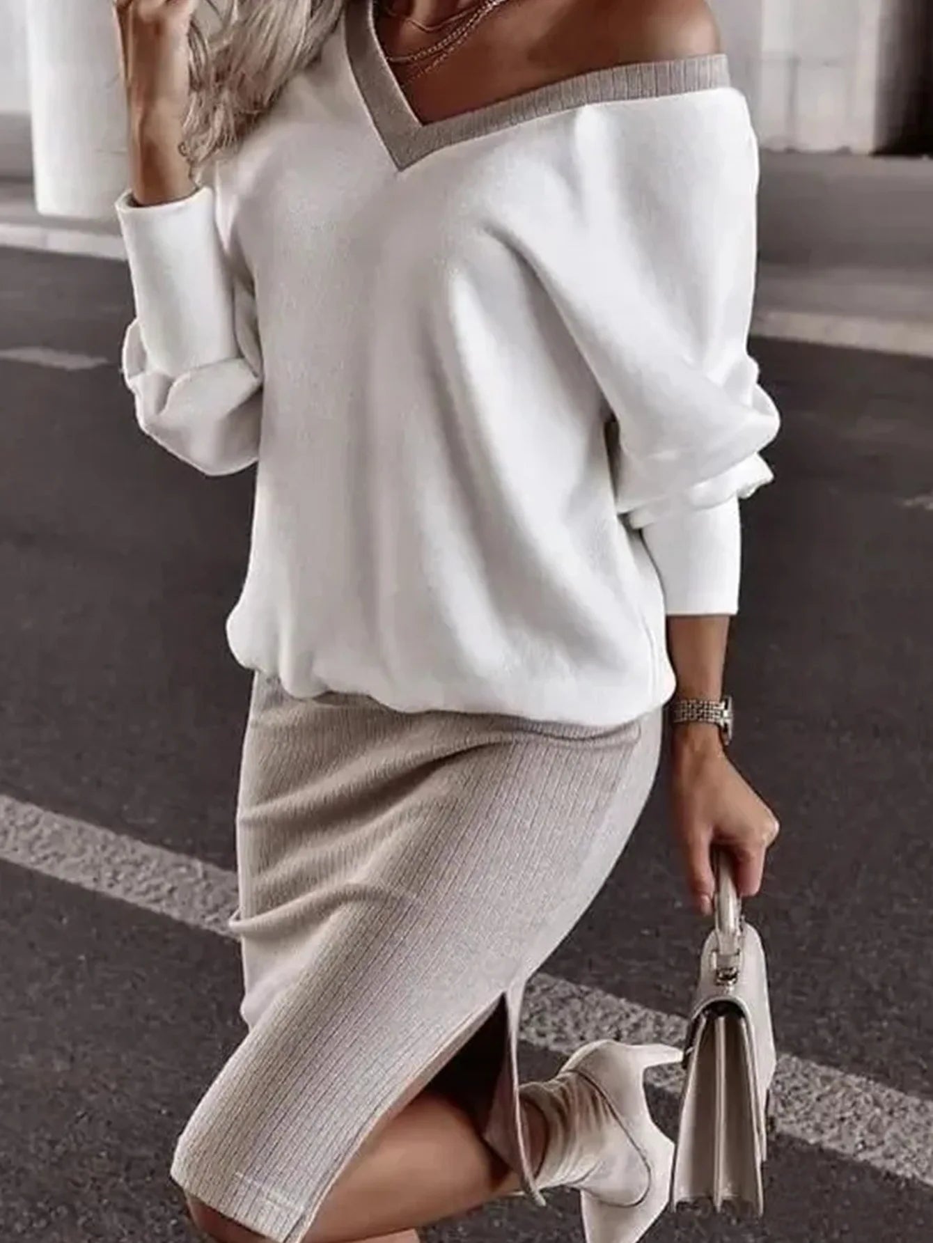 Autumn Winter Casual Loose V-neck Sweatshirt Suit Women's Tight Skirt Long-sleeved Top Two-piece Set New Fashion Holiday Sets