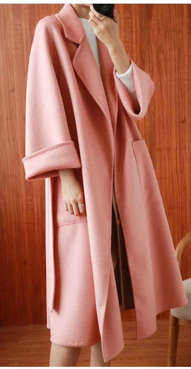 Women Double-Sided 20% Cashmere Wool Coat Jacket Women Long Beautiful Woolen Winter Autumn Warm Fashion Water Ripple Cloak