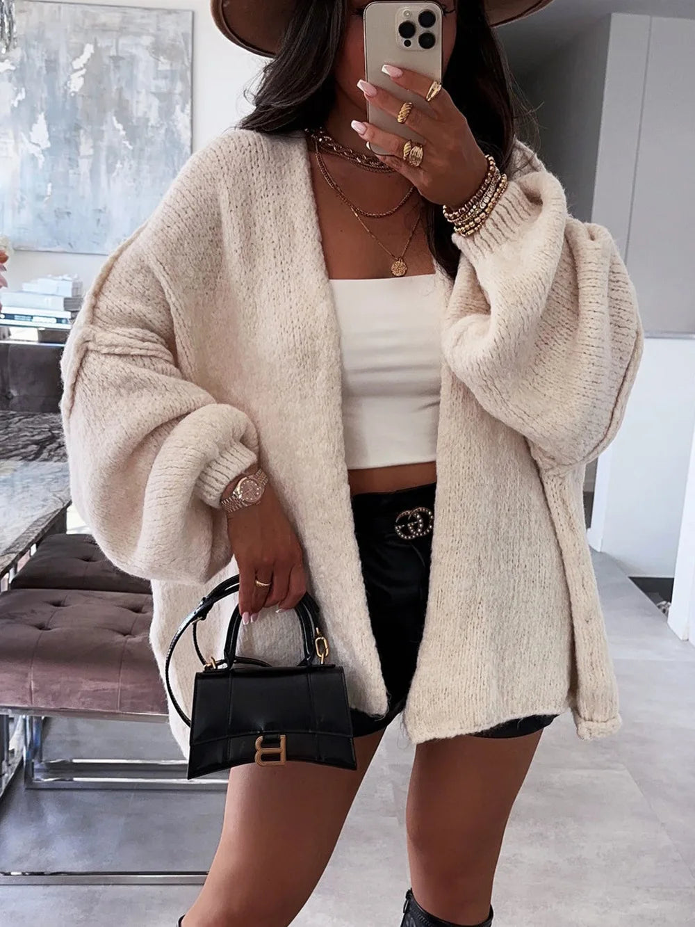 Autumn Winter New Casual Knitted Sweater Cardigan Jacket Loose Long Sleeve Solid Color Mid-length Sweater Women Cardigan Jacket