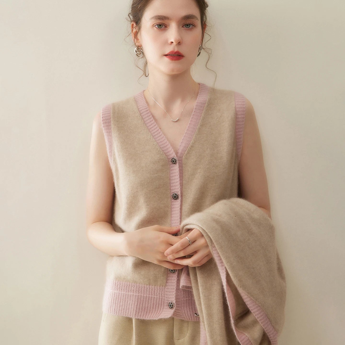 Women Cashmere Sweater V-neck  Cardigan and Vest Set Spring Autumn Winter 100% Cashmere Knitwear Long Sleeve Top Waistcoat Suit