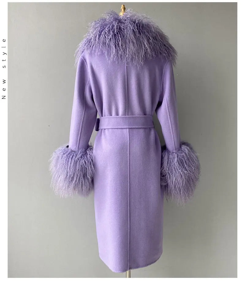 Women Cashmere Wool Coat With Real Mongolian Sheep Fur Collar  Ladies Autumn Winter Fashion Long Outwear Full Sleeve Fur Jacket