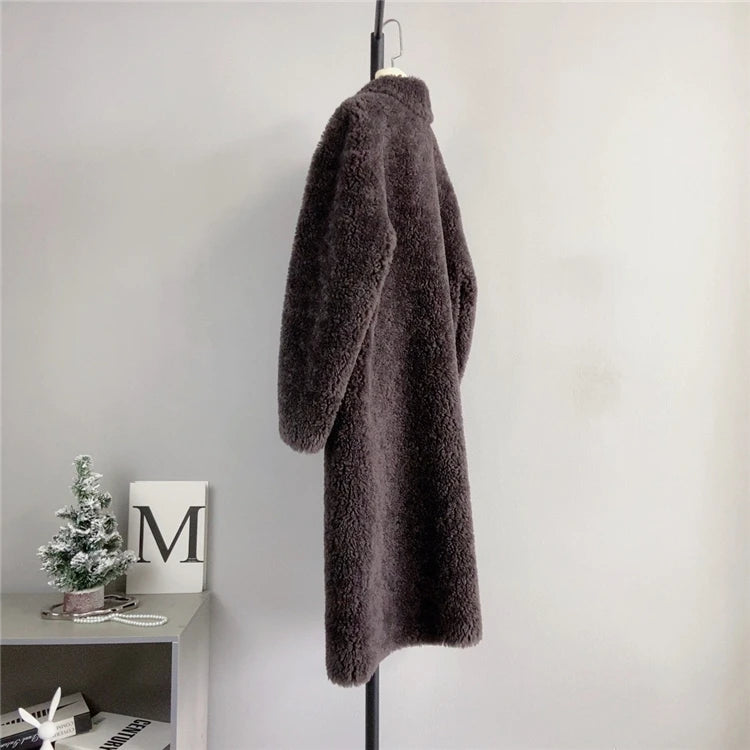 100% Wool Coat Women New Warm Sheep Shearing Long Solid Color Long Coat Lamb Wool casacos femininos inverno 2025