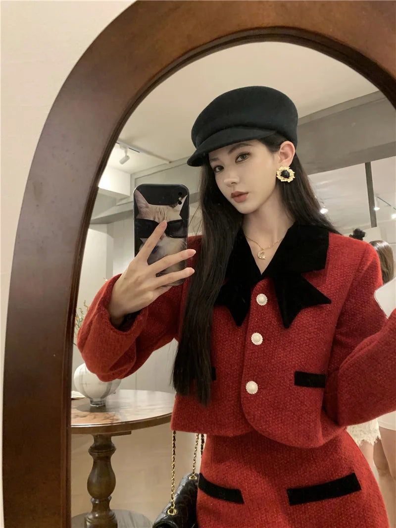 Winter Outfit Women 2024 New Elegant Lady Thickened 2 Pieces Sets Women Sweet Fashion Short Coat High Waist Long Skirt Suits