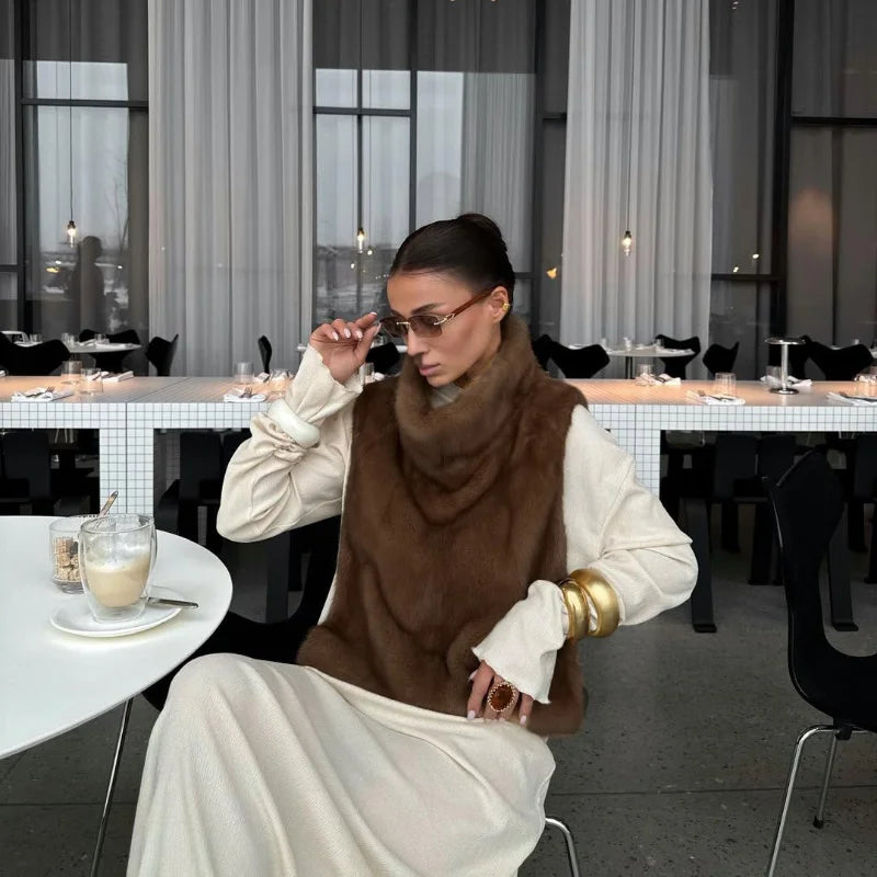 Fashion Medium-length Fur Coat Women Elegant Solid Lapel Hidden Button Loose Coats Lady 2025 Winter New Commute Office Outerwear