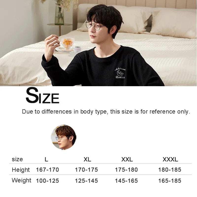 Men's Clothes Fall and Winter Pajamas Cotton Waffle Fashion Solid Color Comfortable Elastic Loungewear Homewear Youth Sleepwear