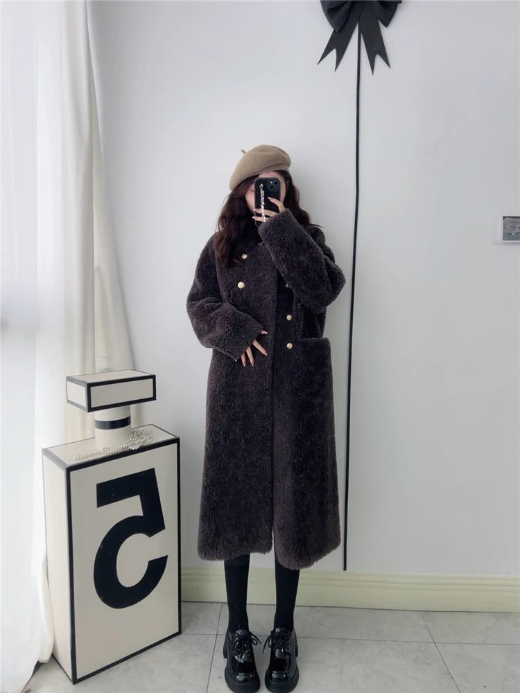 100% Wool Coat Women New Warm Sheep Shearing Long Solid Color Long Coat Lamb Wool casacos femininos inverno 2025