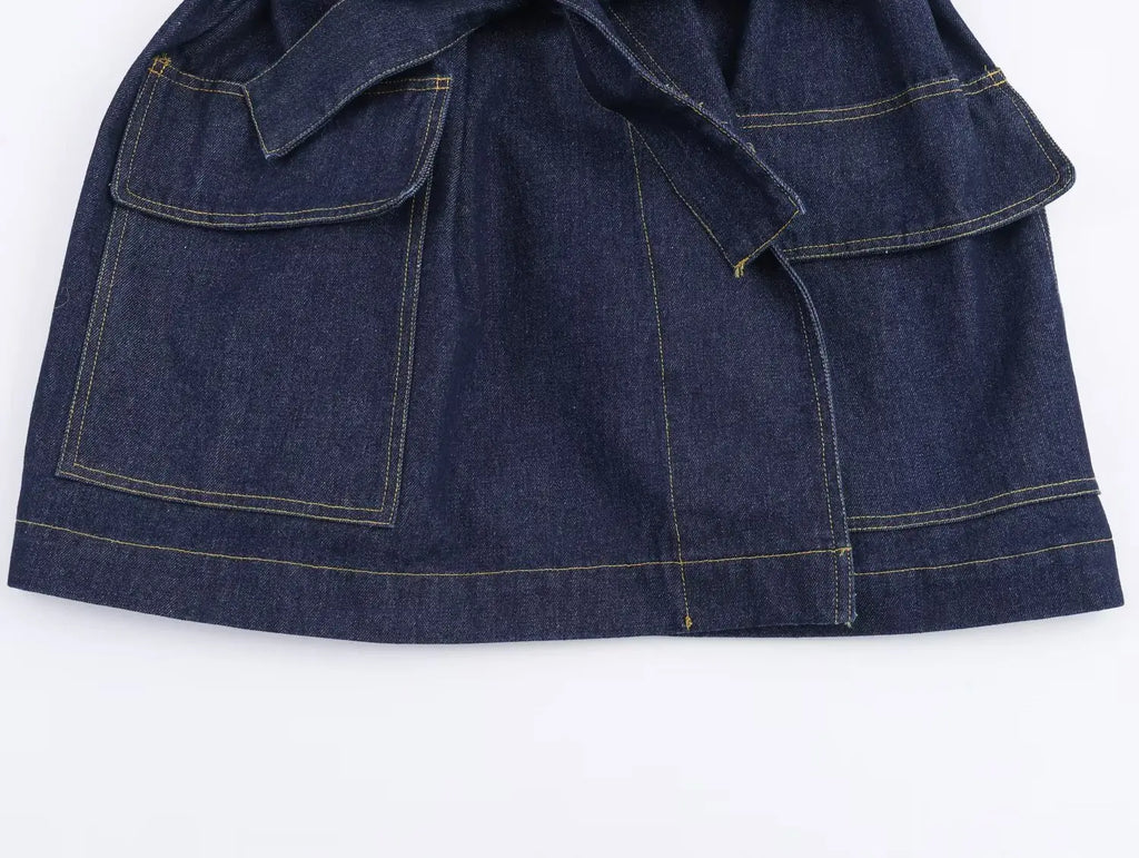 2025 New Women's Fashion Cinched Waist Denim Short Trench Coat Navy Blue Stand Collar Long Sleeve Elegant Ladies' Fashion Appare