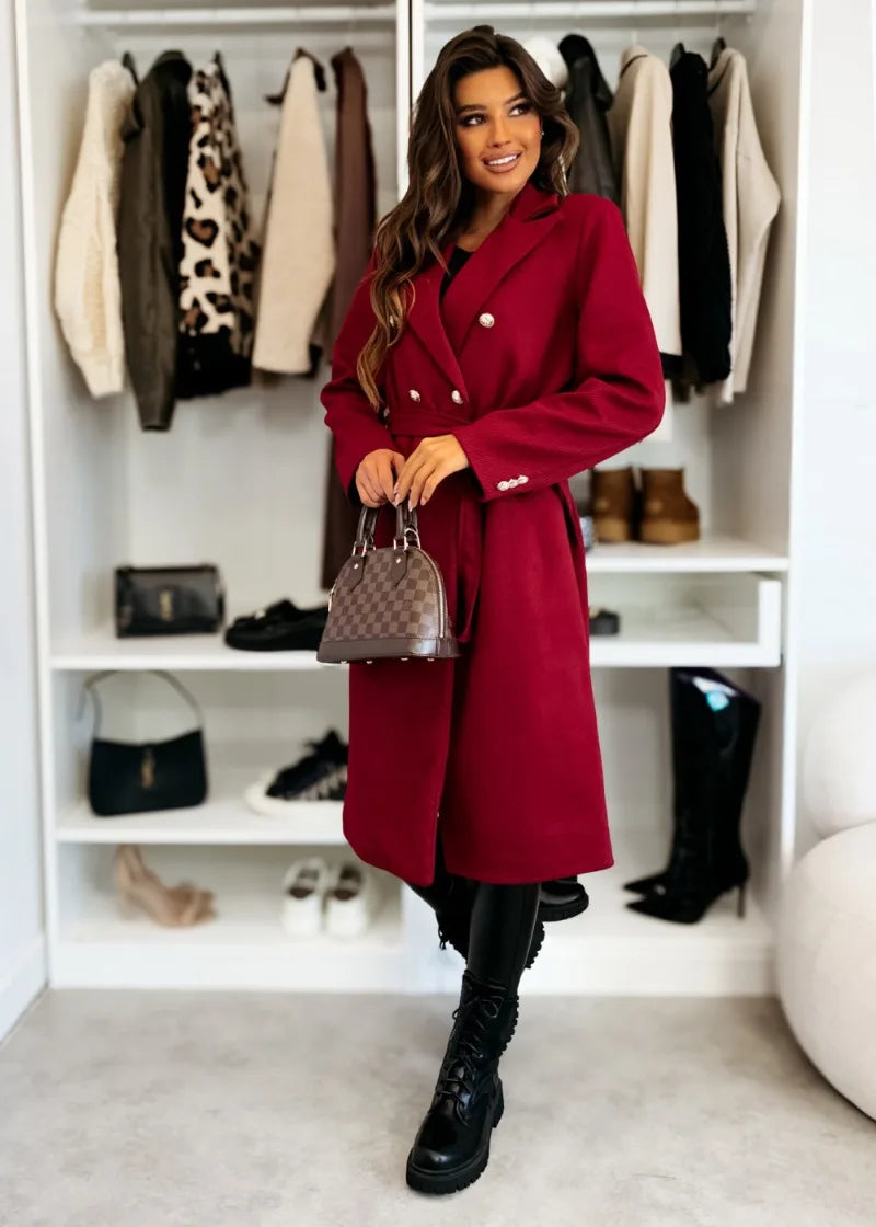 Women's Woolen Coat Autumn Winter Vintage Elegant Double Breasted Trench Coat Women Brown Long Sleeved Midi Windbreaker Jacket