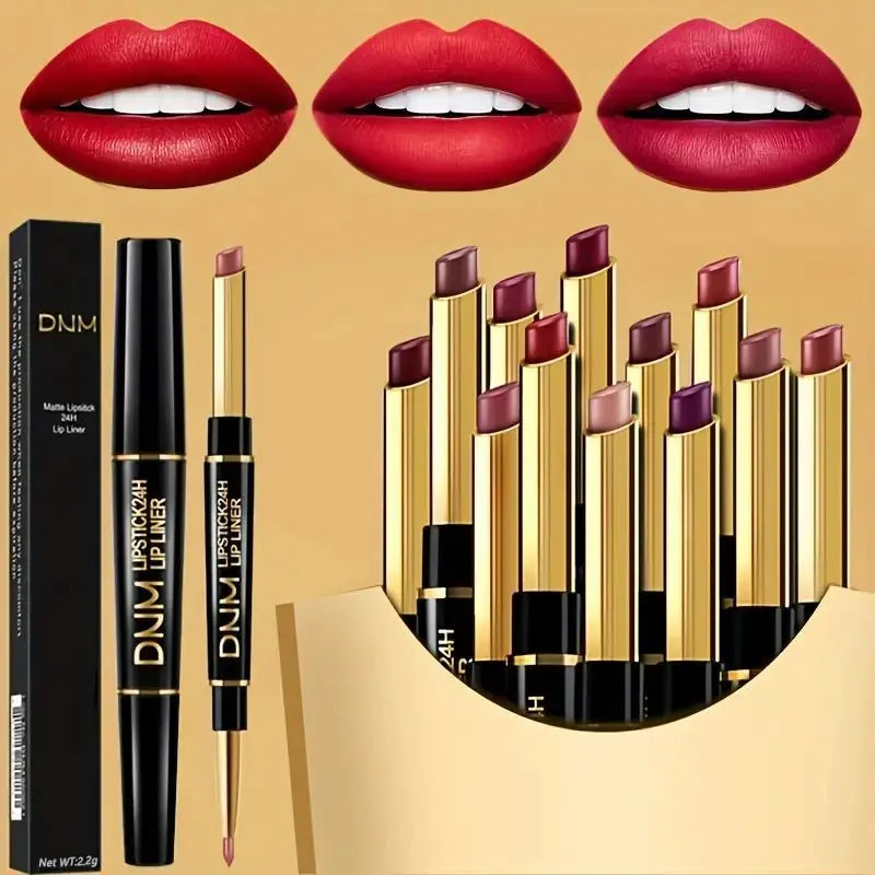 12 Colors Double-Ended Lipstick & Lip Liner Pencil，Waterproof, Non-Stick, Long Lasting,Make Natural Makeup Effect for All Skin