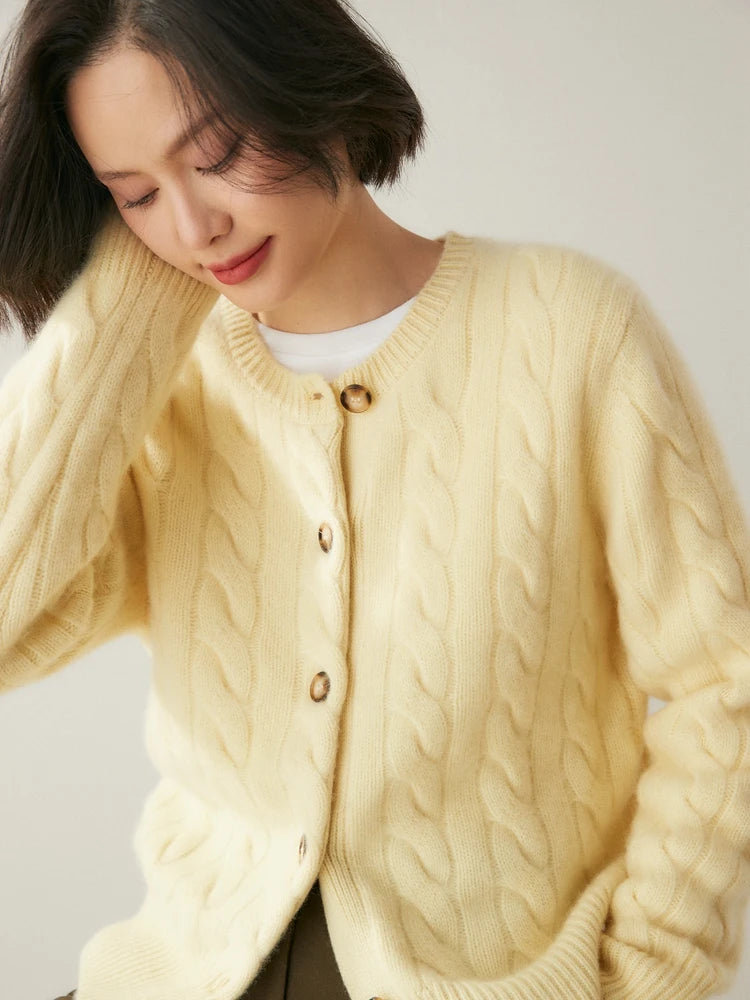 Luxury Women 100% Cashmere Sweater O-neck Cardigan Cable Knitting Thick Sweater Coat Autumn Winter Heavyweight Cashmere Clothes