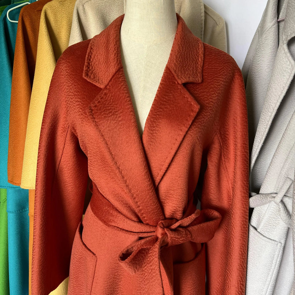 Cashmere Coat Female Winter Mid-Length Corrugated Coat Black Wool Coat Woman Autumn New Casual Fashion Red Beige Lace-Up Coat