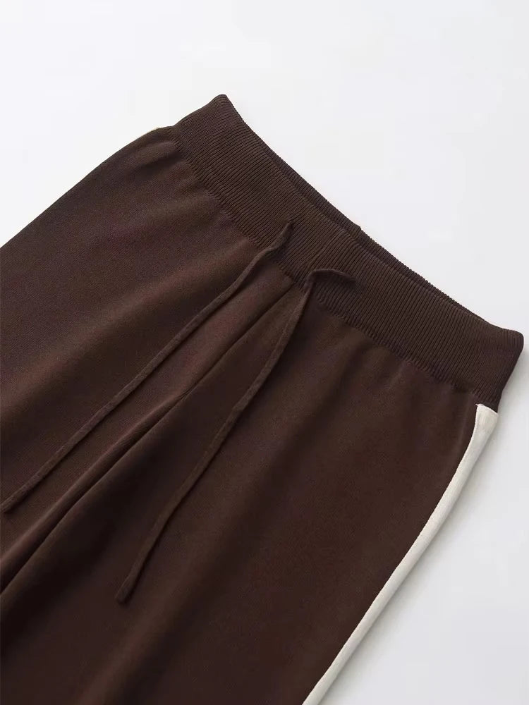 Women's Fashion Two-Piece Set with Side-Stripped Knit Sweater And High-Elastic Waist Straight Pants Female Casual Outfit
