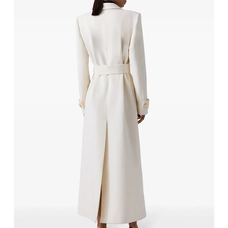 Winter Warm Women Woolen Coat Fashion White Turn-Down Collar Long Wool Coat With Belt