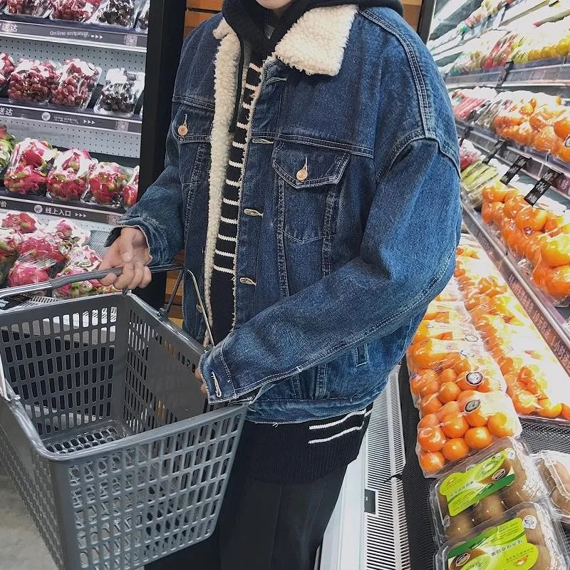 Winter Lamb Wool Denim Jacket for Men Korean Version Trendy Versatile Velvet and Thickened Cotton Men's Jacket Handsome Coat