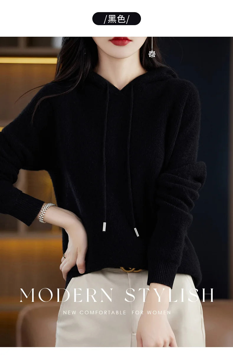 2023 New Cashmere hooded sweater Women Long Sleeve Autumn and Winter Knit hooded Pullover Solid Color Cashmere Base