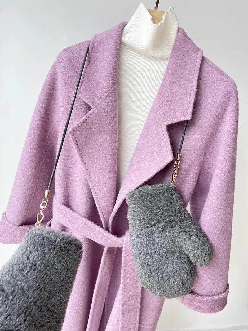 Purple Double-Sided Cashmere Coat For Women In Autumn And Winter, Fashionable And High-End, Loose And Medium Length Coat