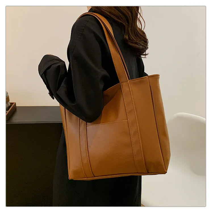 Simple Large Capacity Tote Bags for Women Retro Pu Leather Ladies Shoulder Bag Commuter Portable Girls Student Underarm Handbag