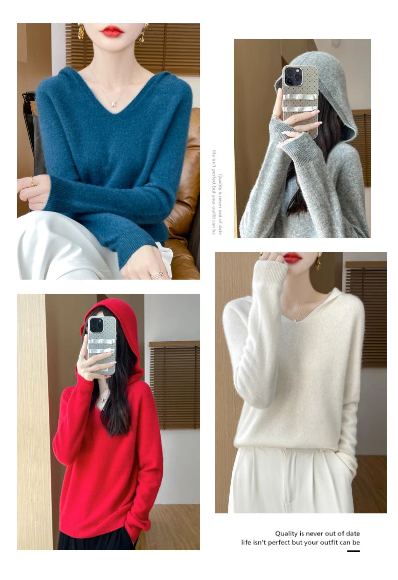 Women Autumn Winter Clothing Hooded Collar Pullover 100% Merino Wool Sweater New Fashion Cashmere Tops Bottoming Knitwear Soft