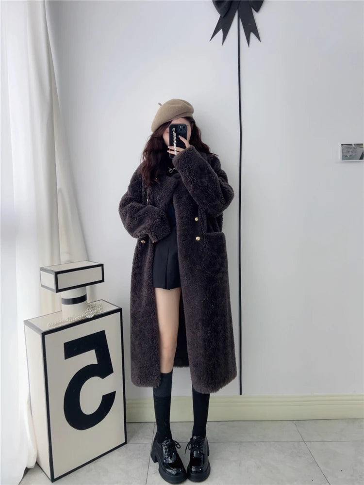 100% Wool Coat Women New Warm Sheep Shearing Long Solid Color Long Coat Lamb Wool casacos femininos inverno 2025