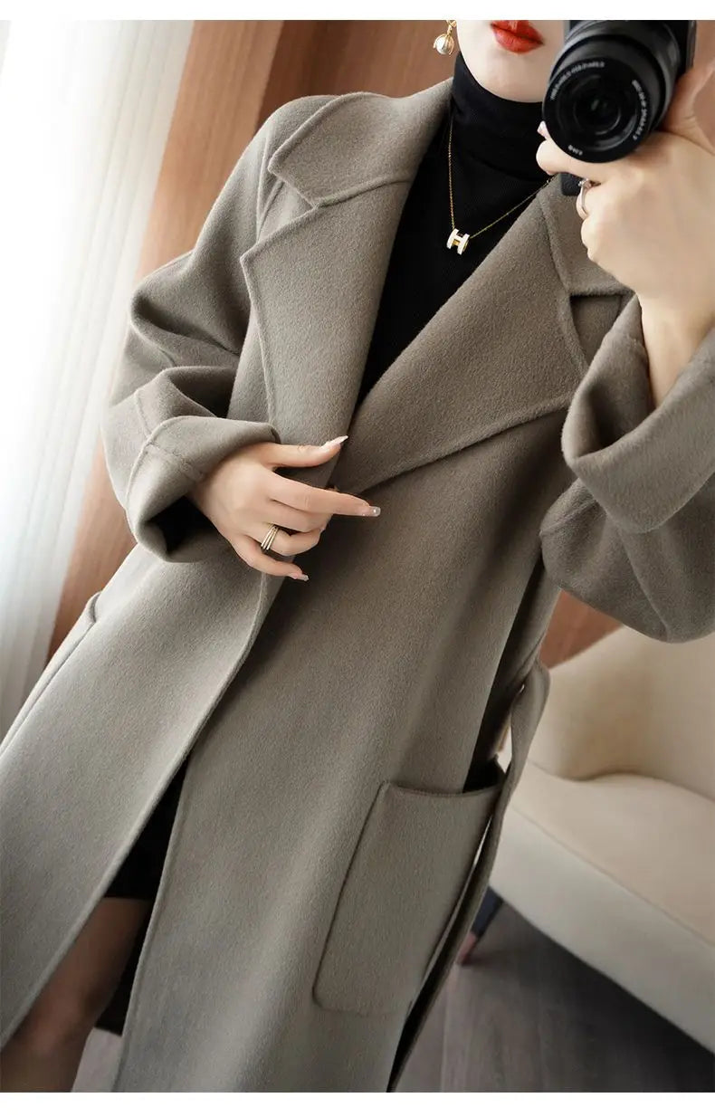 2024 Women's Wear 100% Wool Coat Autumn/Winter Fashion Temperament Double sided Cashmere Coats with Belt Elegant Long Overcoat