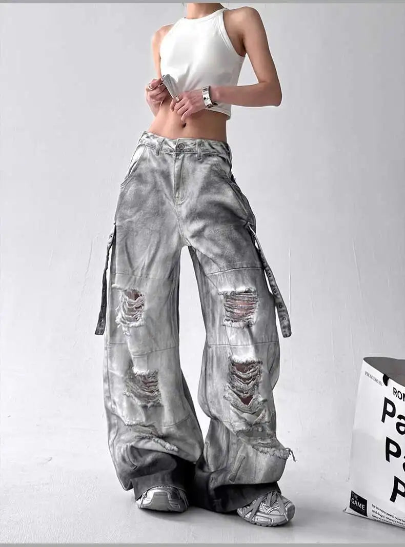 Women Jeans Pants American High Street Ripped Straight Wide-Leg Jeans For Women Design Tie-Dye Jazz Dance Cargo Full Thin Jeans