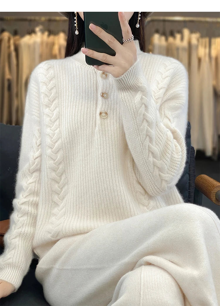 Cashmere Sweater Women's 2023 Autumn/Winter New Knitted Half High Collar Pullover 100% Wool Loose Korean Fashion Luxury Top
