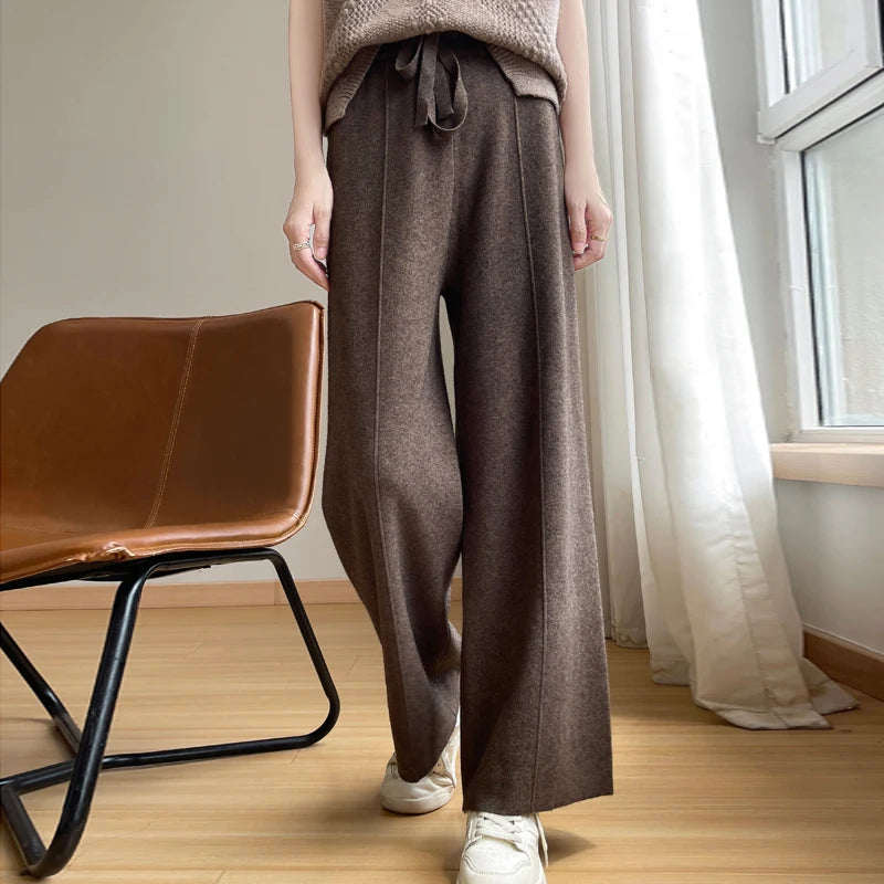 2024 Women's Cashmere Pants Sports Pants Women's Autumn and Winter High Waist Drawstring Warm Pants Knitted Cashmere Warm Pants