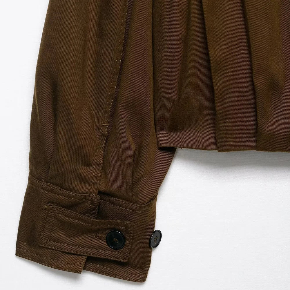 Women's Fashion Pleated Jacket Coat with Pads Lapel Collar Long Sleeve Front Button Chic Outerwear Top