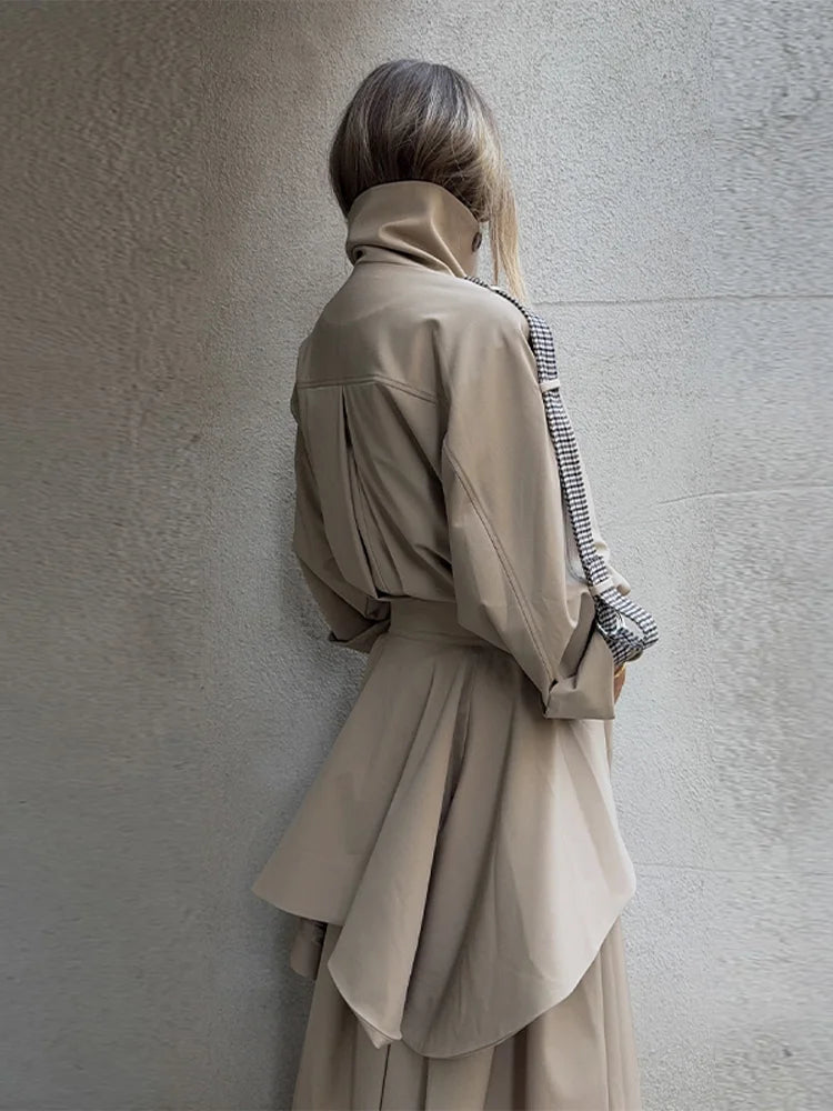 Women's Trench Coat Double Breasted Stand Collar Epaulet Lace Up Long Windbreaker Office Lady Winter Autumn Solid Slim Outerwear