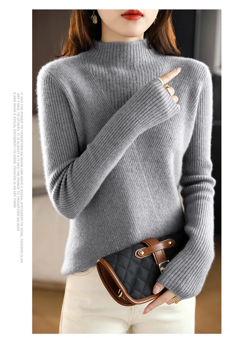 Cashmere Sweater Women Pure Color Half high collar Casual Long-sleeved Loose Pullover Cashmere Sweater Women's