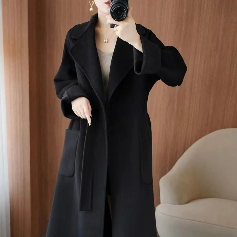 2024 Women's Wear 100% Wool Coat Autumn/Winter Fashion Temperament Double sided Cashmere Coats with Belt Elegant Long Overcoat