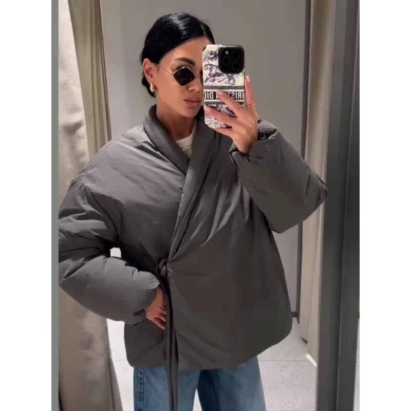 Casual Gray Lace Up Coat Women Cotton V-neck Luxury Pocket 2025 Autumn Thick Jackets Female Chic Street All-match Outwear Tops