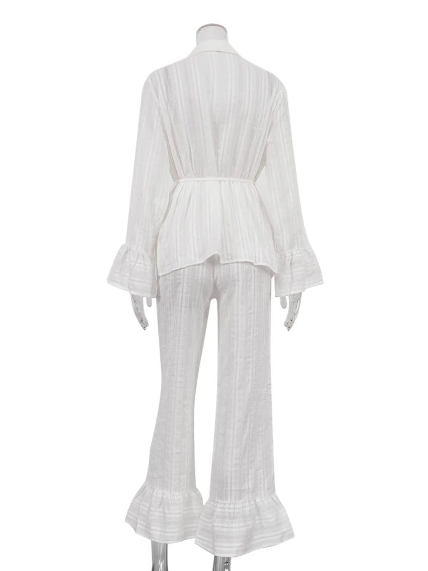 Marthaqiqiq Casual Women Nightgown 2 Piece Suit Long Sleeve Nightwear Turn-Down Collar Sleepwear Pants Loose Home Clothes Ladies