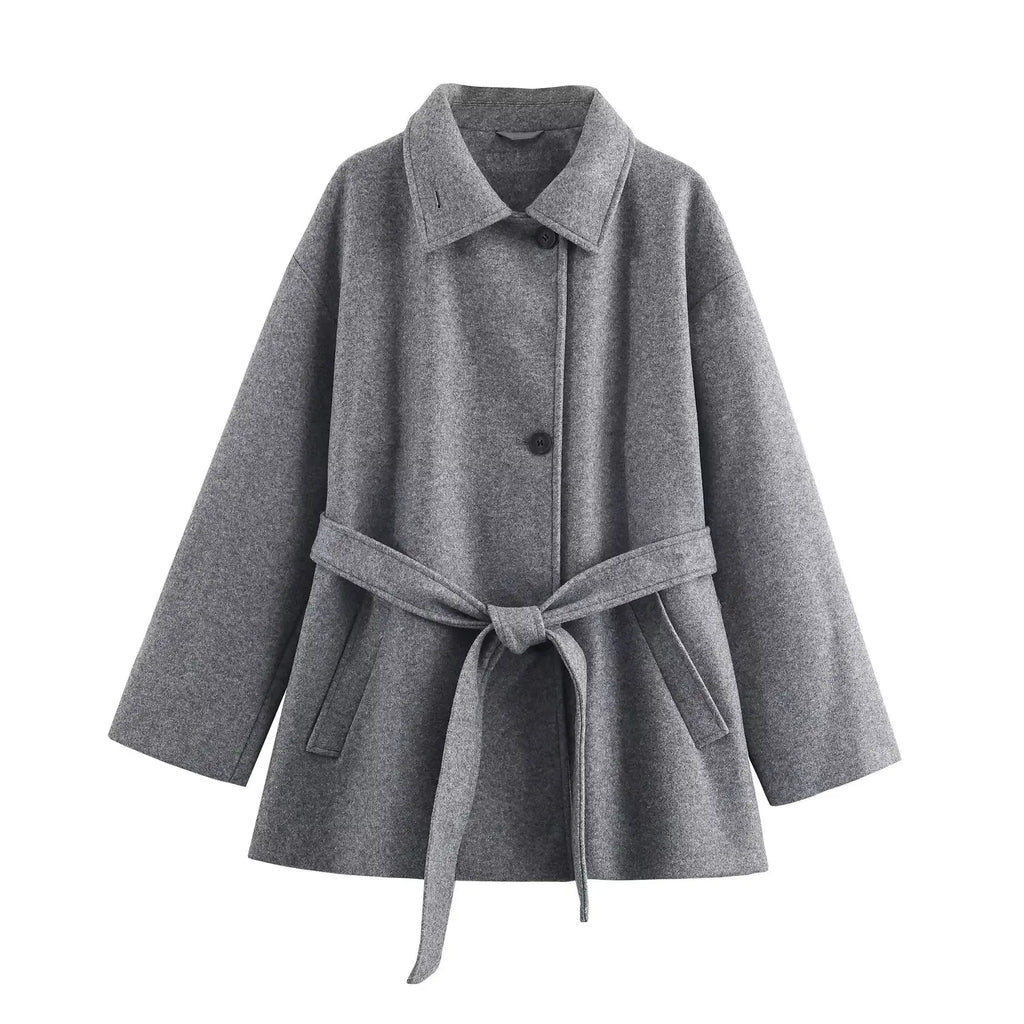 Women Wool Coat With Belt Autumn Winter Female Laple Long Sleeve Single-Breasted Outwear Coat Lady Loose Jackets