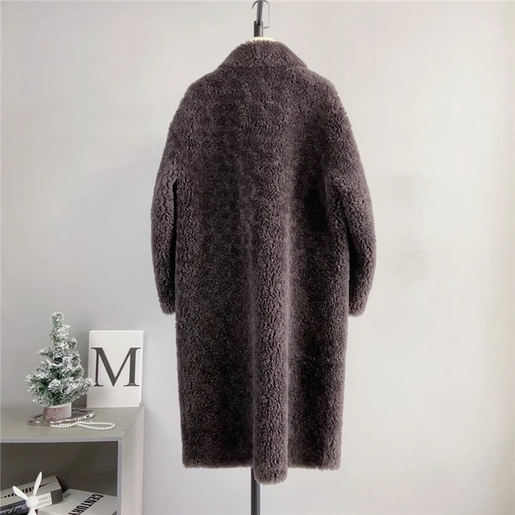 100% Wool Coat Women New Warm Sheep Shearing Long Solid Color Long Coat Lamb Wool casacos femininos inverno 2025