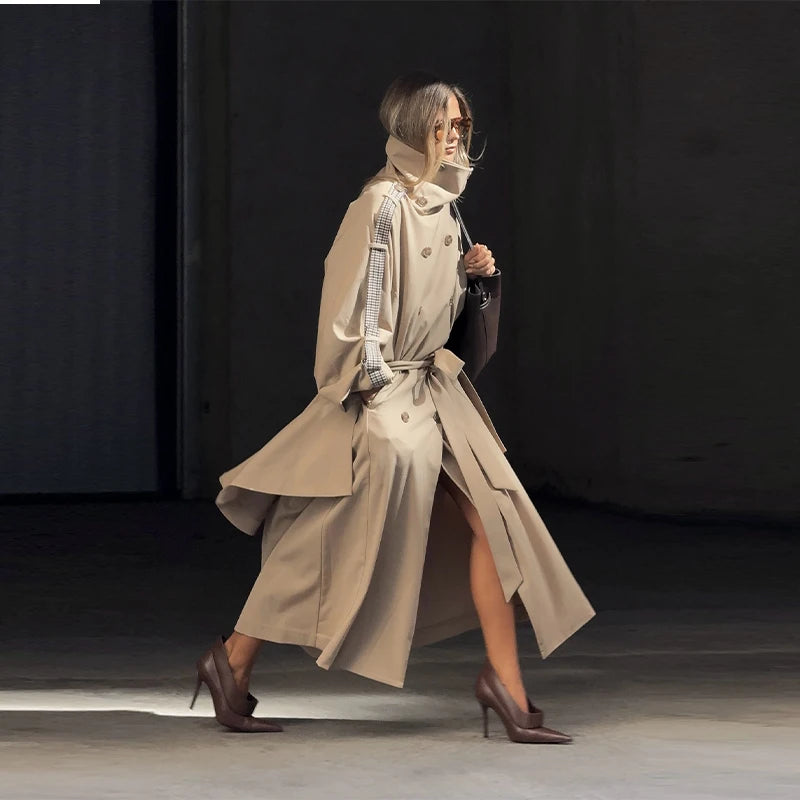 Women's Trench Coat Double Breasted Stand Collar Epaulet Lace Up Long Windbreaker Office Lady Winter Autumn Solid Slim Outerwear