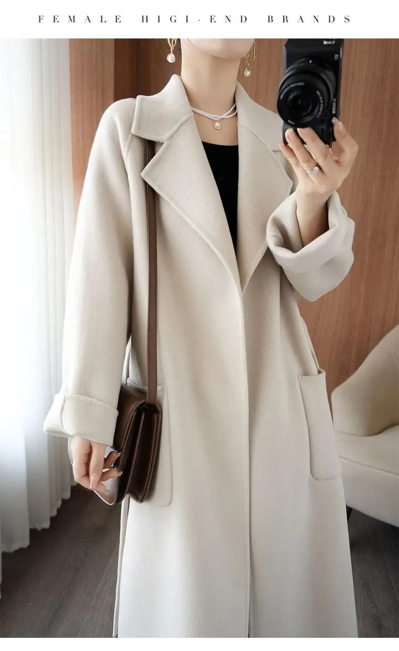 2024 Women's Wear 100% Wool Coat Autumn/Winter Fashion Temperament Double sided Cashmere Coats with Belt Elegant Long Overcoat