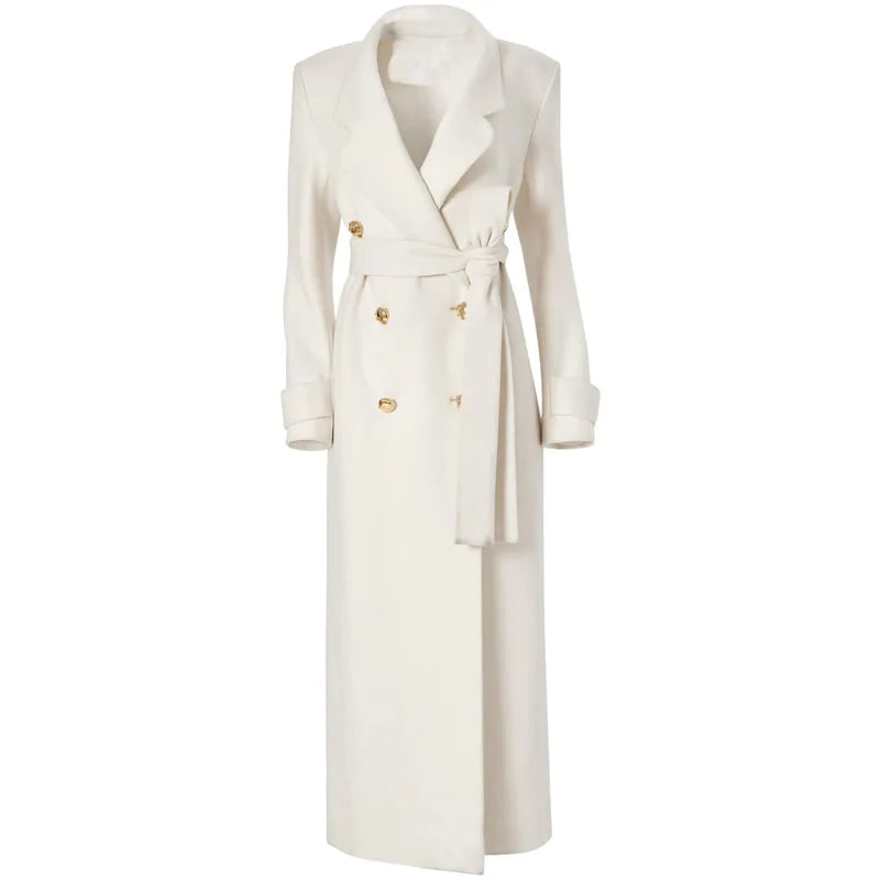 Winter Warm Women Woolen Coat Fashion White Turn-Down Collar Long Wool Coat With Belt