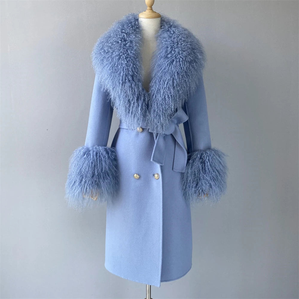 Women Cashmere Wool Coat With Real Mongolian Sheep Fur Collar  Ladies Autumn Winter Fashion Long Outwear Full Sleeve Fur Jacket